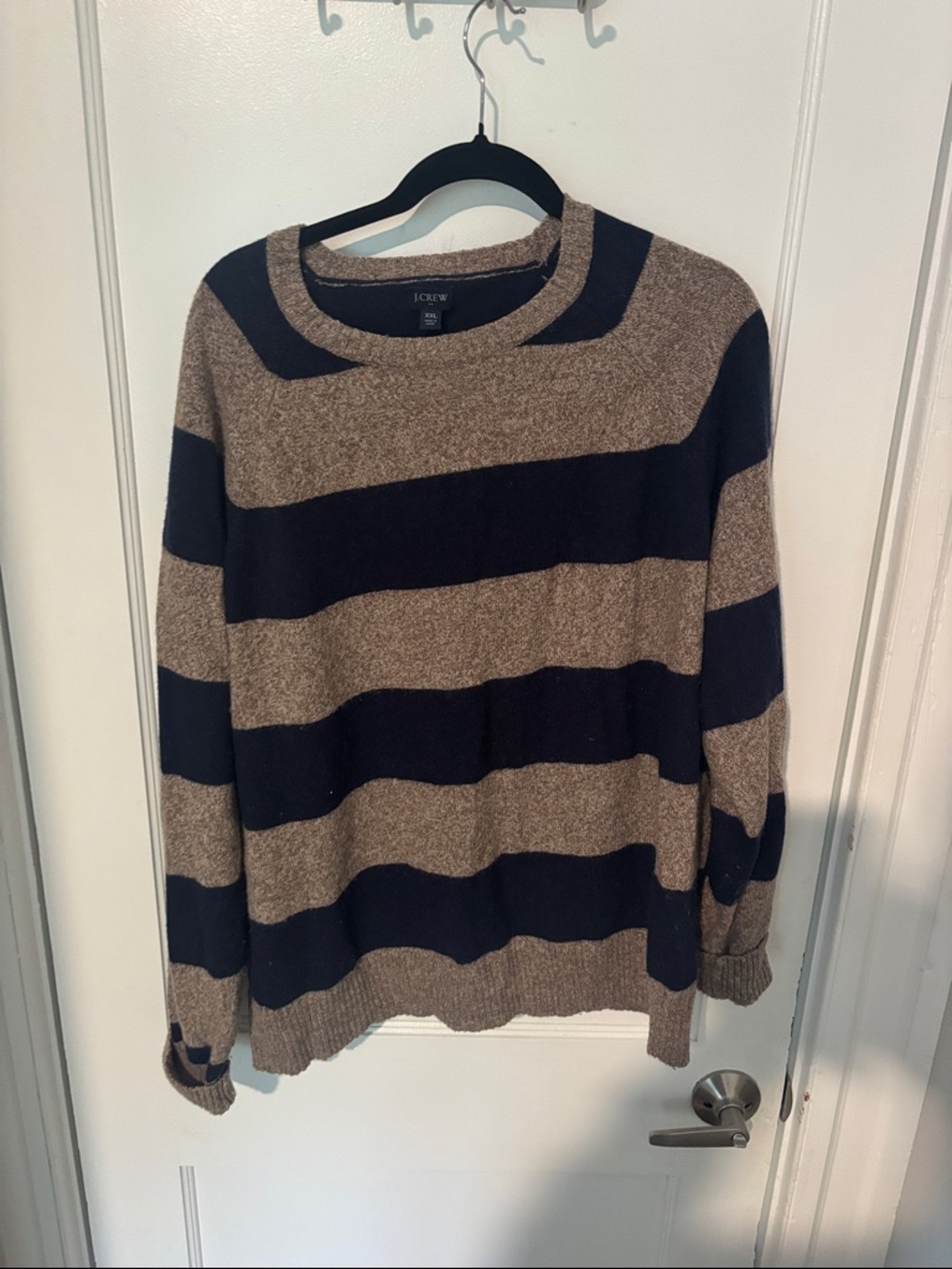 J.Crew XXL Brown Navy Wide Stripe Rugby Crewneck Sweater Lambswool Blend